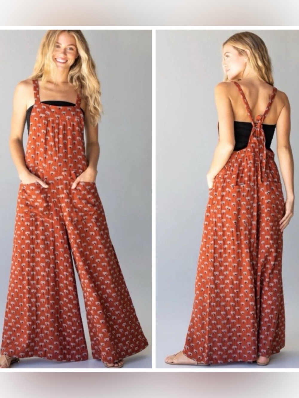 Natural Life Dakota Tie Gauze Overall Jumpsuit Wide Leg Rust Tree Print L